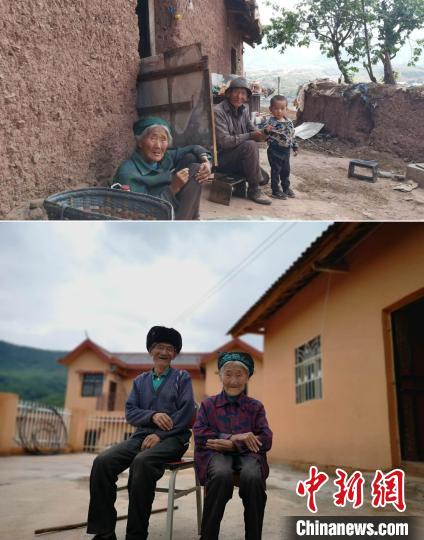 上圖為甲甲溝村村民羅木你坡夫婦所住的舊房，下圖為夫婦倆遷入的新居。(拼版圖) 張浪 攝